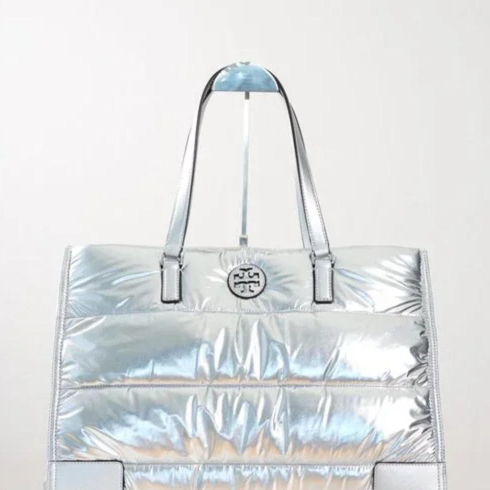 $398New with Tag 💯 Tory Burch Ella Nylon Quilted Tote Large Shoulder Bag Silver